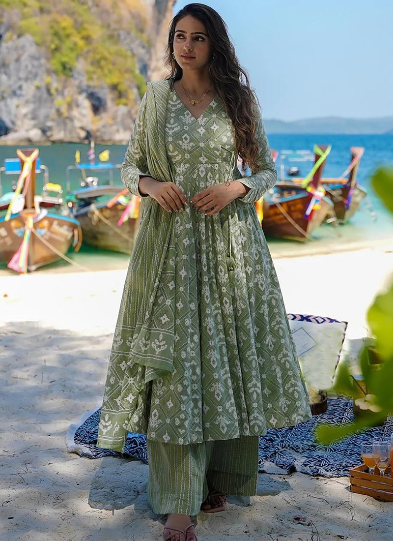 Pista Green Rayon Printed Anarkali Style Flared Kurta Set