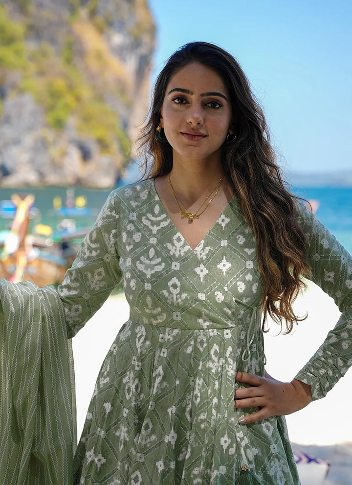 Pista Green Rayon Printed Anarkali Style Flared Kurta Set