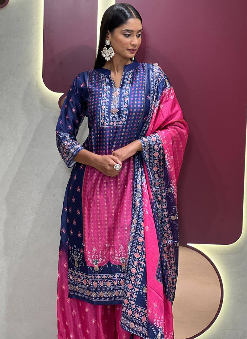 Blue And Pink Shaded Chinon Printed Palazzo Style Kurta Set
