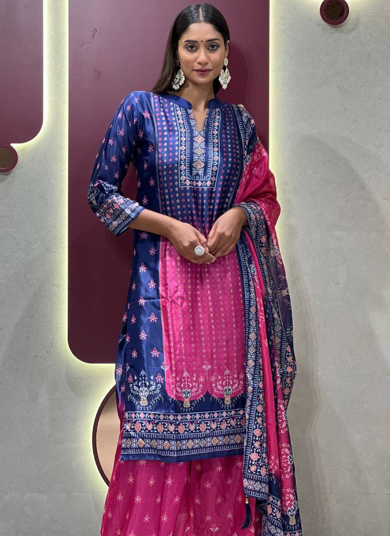 Blue And Pink Shaded Chinon Printed Palazzo Style Kurta Set
