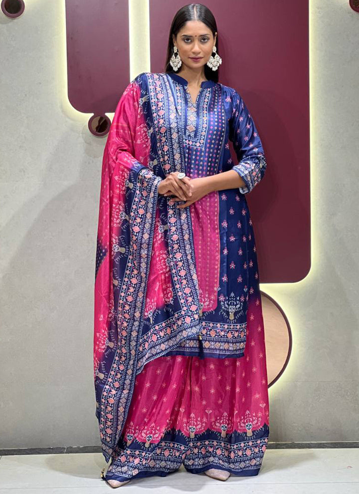 Blue And Pink Shaded Chinon Printed Palazzo Style Kurta Set