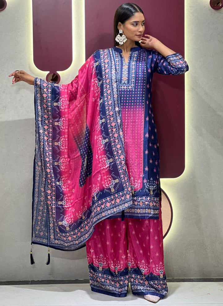 Blue And Pink Shaded Chinon Printed Palazzo Style Kurta Set