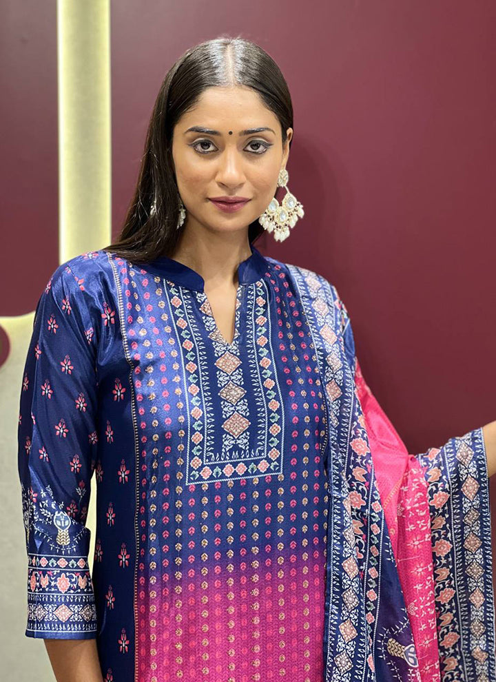 Blue And Pink Shaded Chinon Printed Palazzo Style Kurta Set