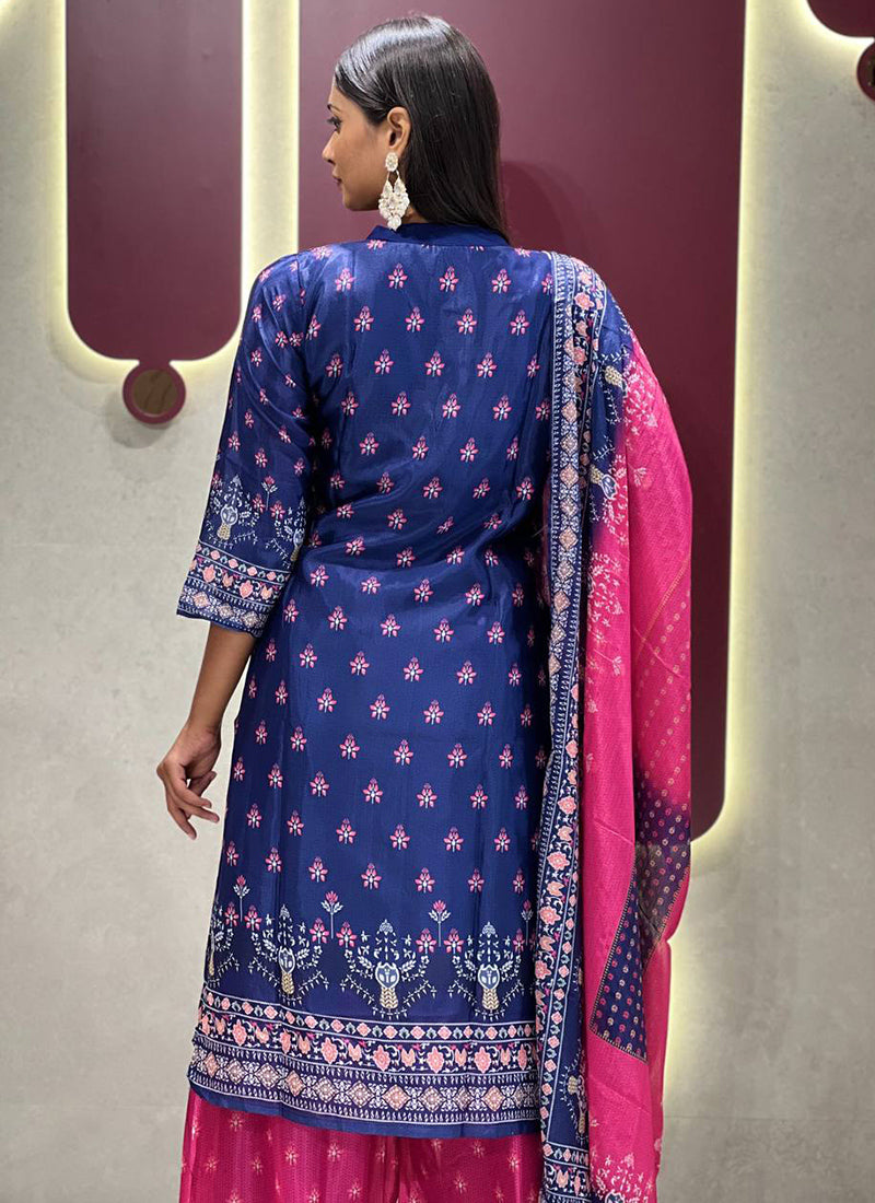 Blue And Pink Shaded Chinon Printed Palazzo Style Kurta Set