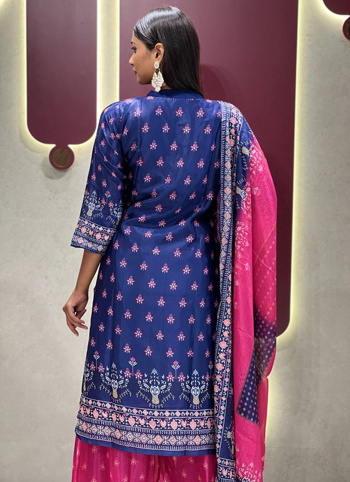 Blue And Pink Shaded Chinon Printed Palazzo Style Kurta Set