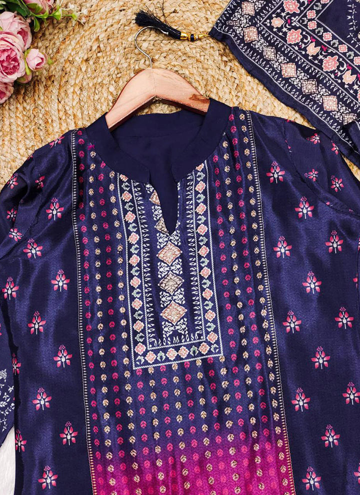 Blue And Pink Shaded Chinon Printed Palazzo Style Kurta Set