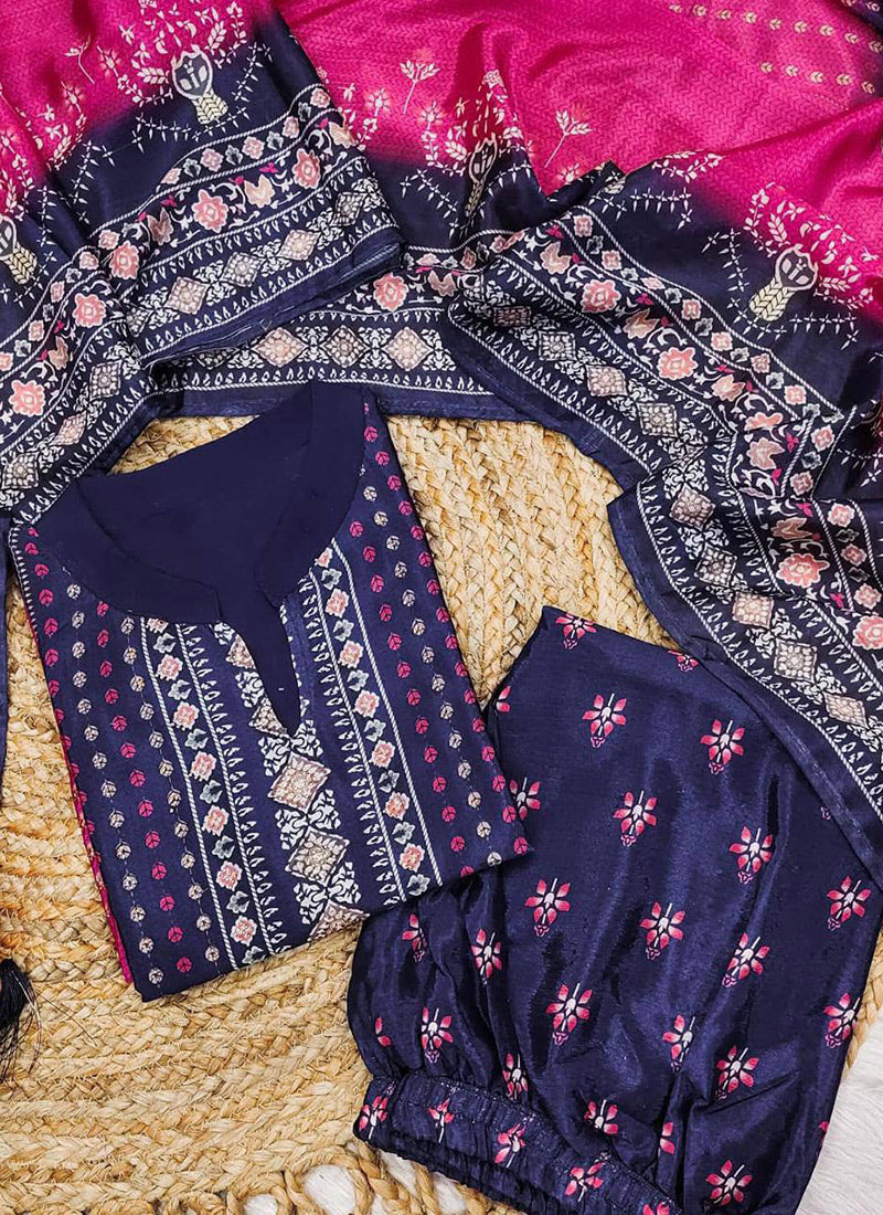 Blue And Pink Shaded Chinon Printed Palazzo Style Kurta Set