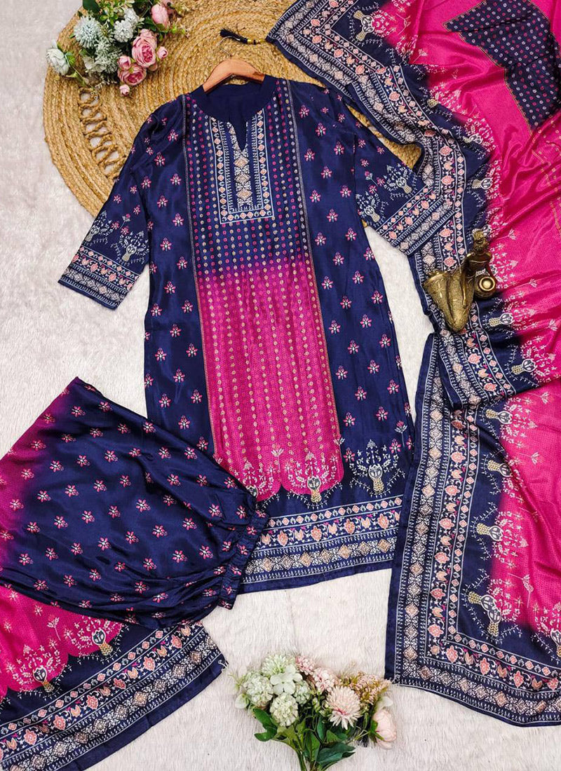 Blue And Pink Shaded Chinon Printed Palazzo Style Kurta Set