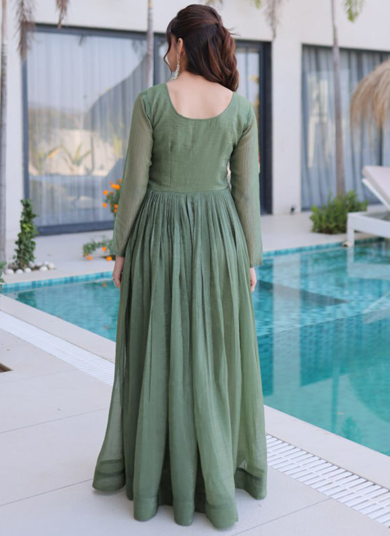 Olive Green Silver Crunchy Floor Length Anarkali Style Gown