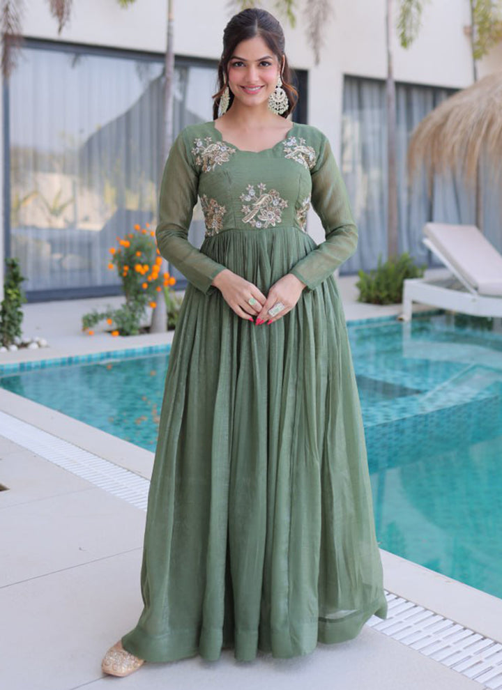 Olive Green Silver Crunchy Floor Length Anarkali Style Gown