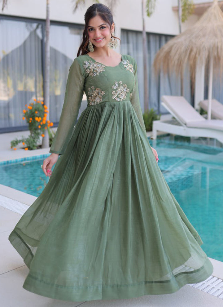 Olive Green Silver Crunchy Floor Length Anarkali Style Gown