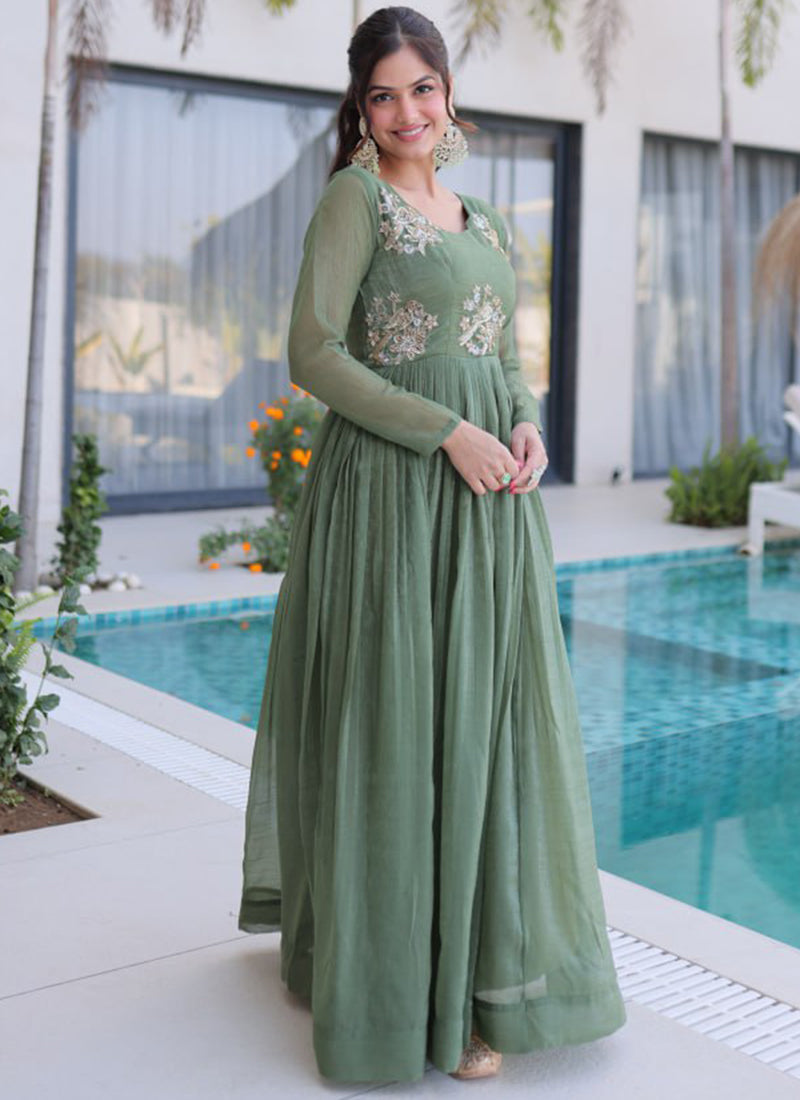 Olive Green Silver Crunchy Floor Length Anarkali Style Gown