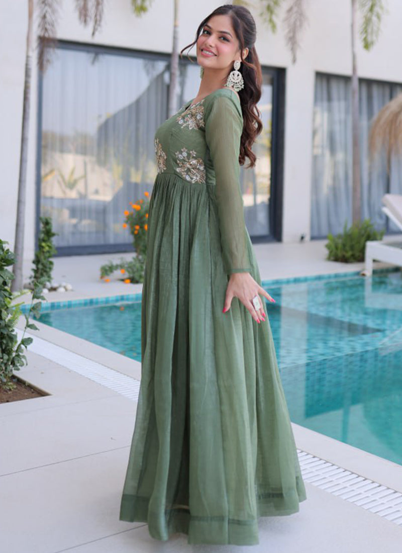 Olive Green Silver Crunchy Floor Length Anarkali Style Gown