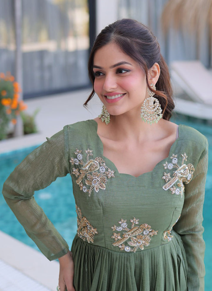 Olive Green Silver Crunchy Floor Length Anarkali Style Gown