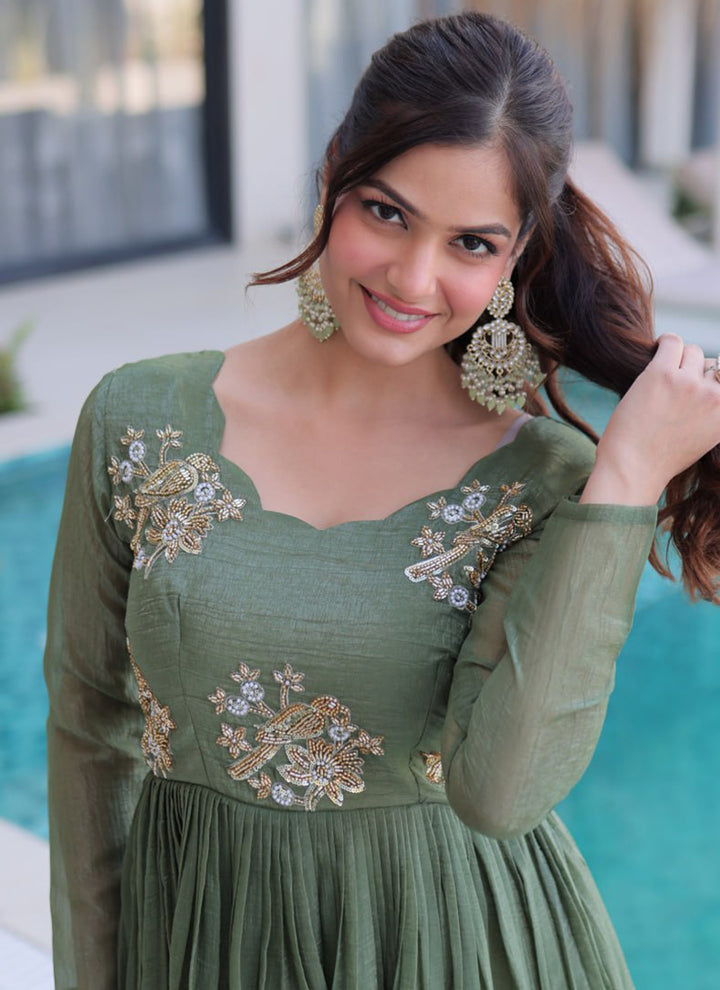 Olive Green Silver Crunchy Floor Length Anarkali Style Gown