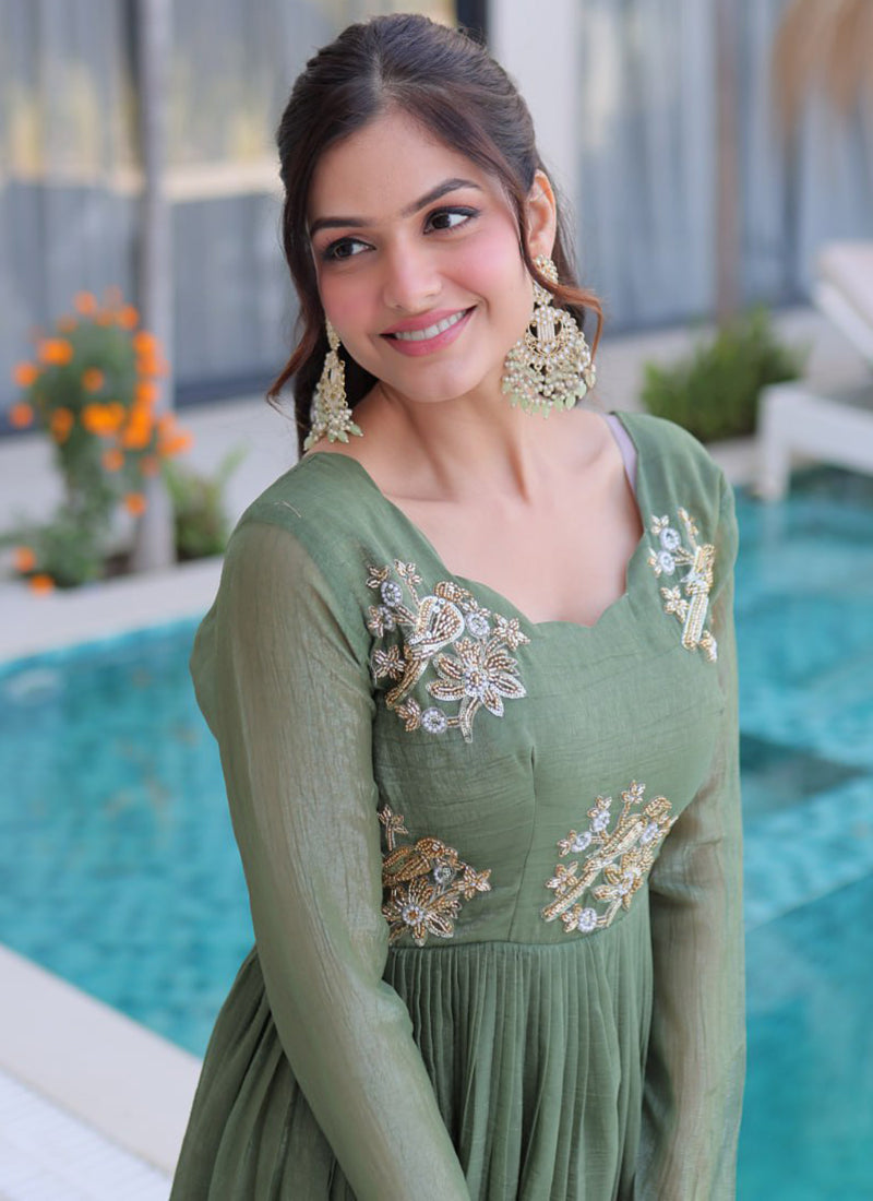 Olive Green Silver Crunchy Floor Length Anarkali Style Gown