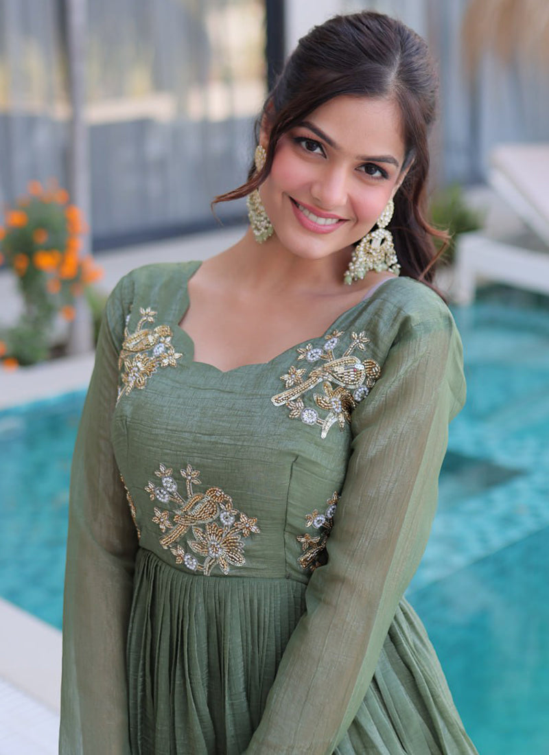 Olive Green Silver Crunchy Floor Length Anarkali Style Gown