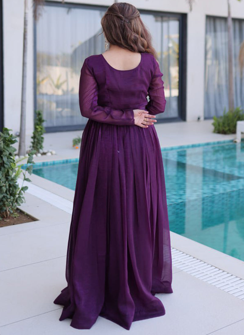 Dark Wine Silver Crunchy Floor Length Anarkali Style Gown