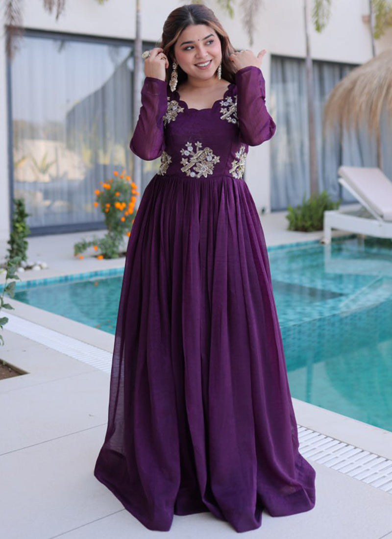 Dark Wine Silver Crunchy Floor Length Anarkali Style Gown