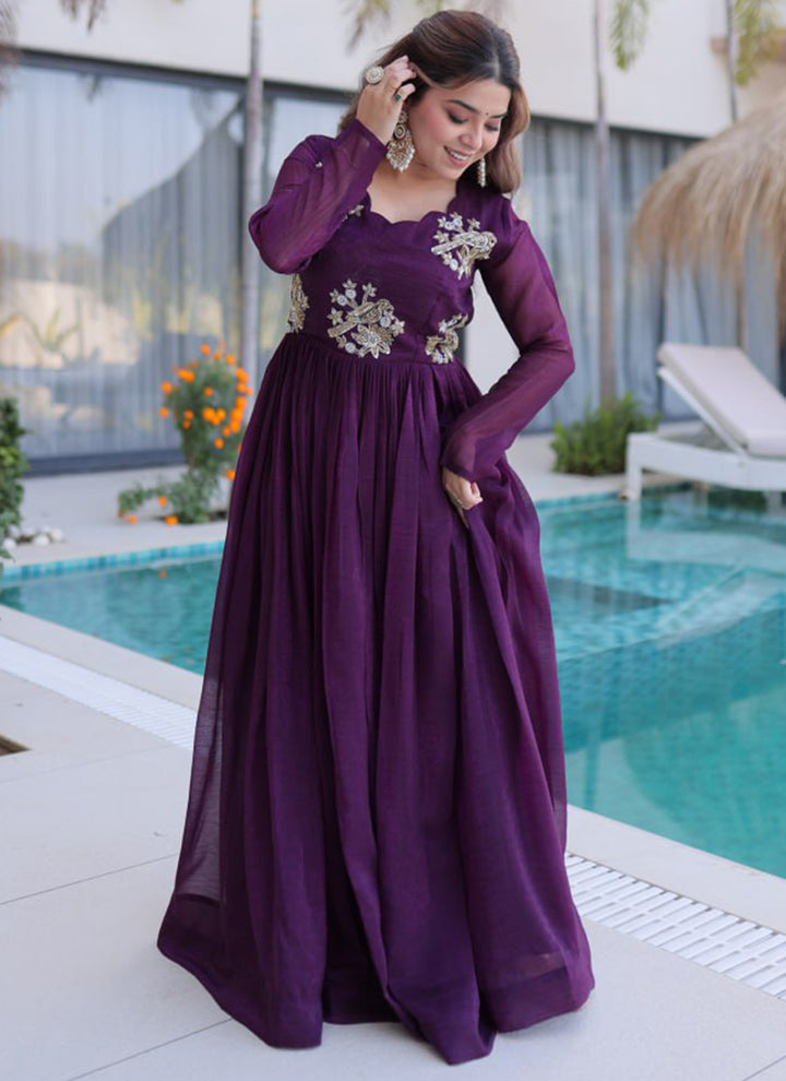 Dark Wine Silver Crunchy Floor Length Anarkali Style Gown
