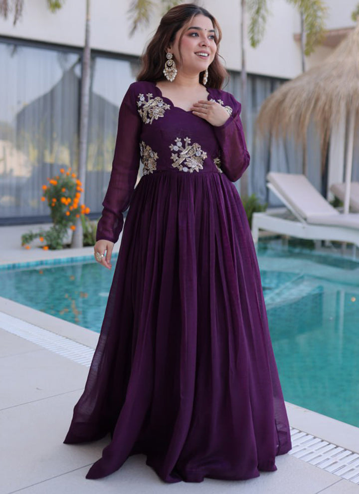 Dark Wine Silver Crunchy Floor Length Anarkali Style Gown