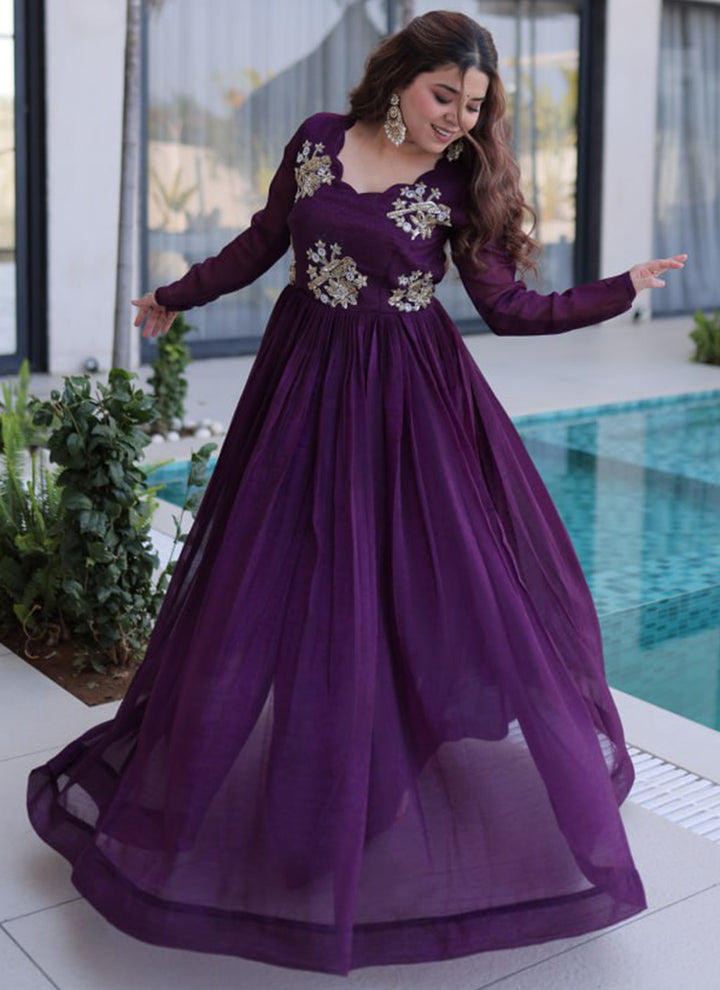 Dark Wine Silver Crunchy Floor Length Anarkali Style Gown