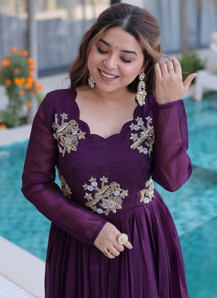 Dark Wine Silver Crunchy Floor Length Anarkali Style Gown