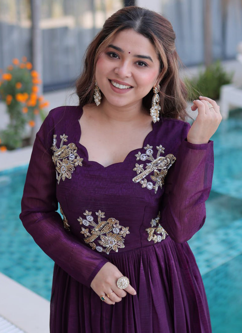 Dark Wine Silver Crunchy Floor Length Anarkali Style Gown