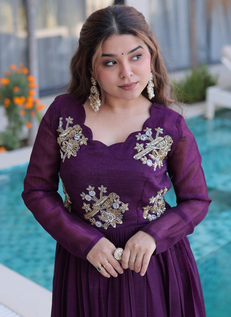 Dark Wine Silver Crunchy Floor Length Anarkali Style Gown