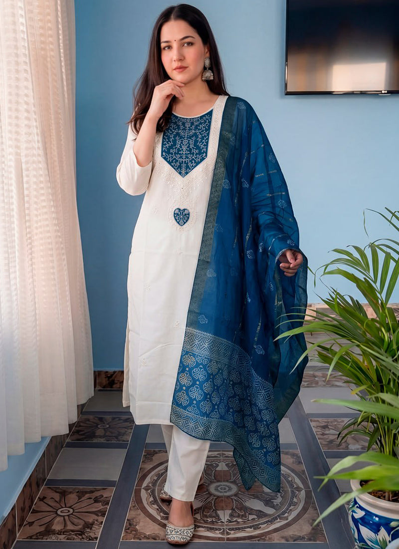 White Cotton Blend Embroidered Kurta Set