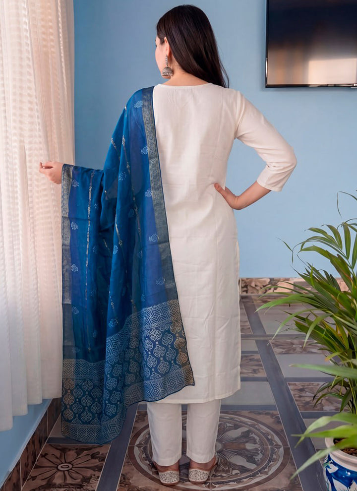 White Cotton Blend Embroidered Kurta Set