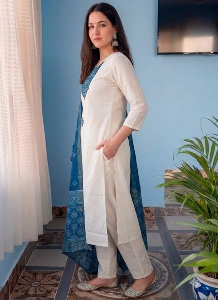White Cotton Blend Embroidered Kurta Set