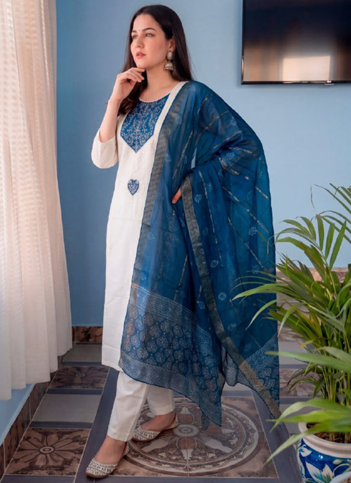 White Cotton Blend Embroidered Kurta Set