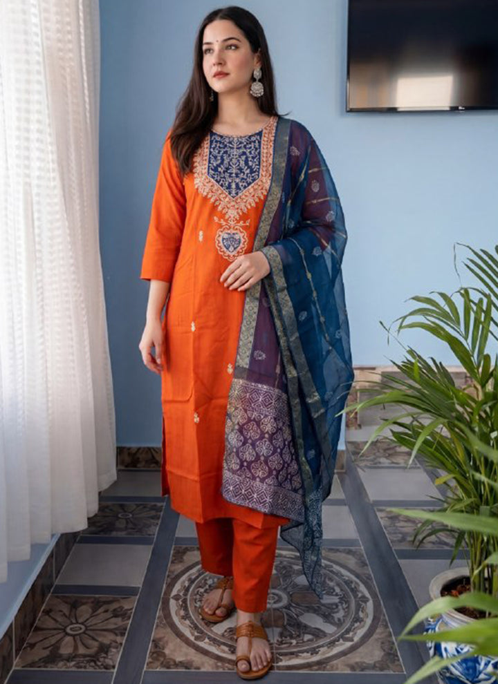 Orange Cotton Blend Embroidered Kurta Set