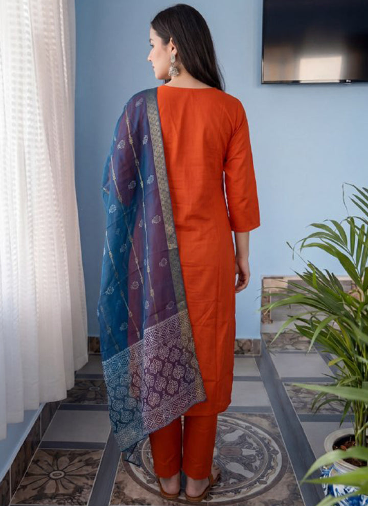 Orange Cotton Blend Embroidered Kurta Set