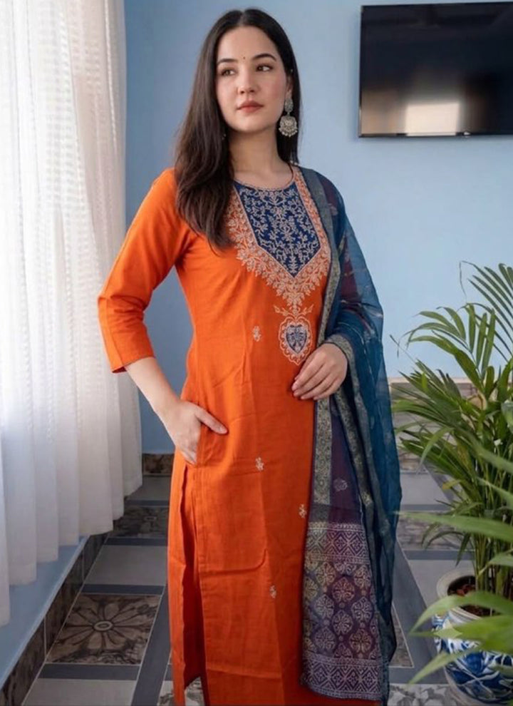 Orange Cotton Blend Embroidered Kurta Set