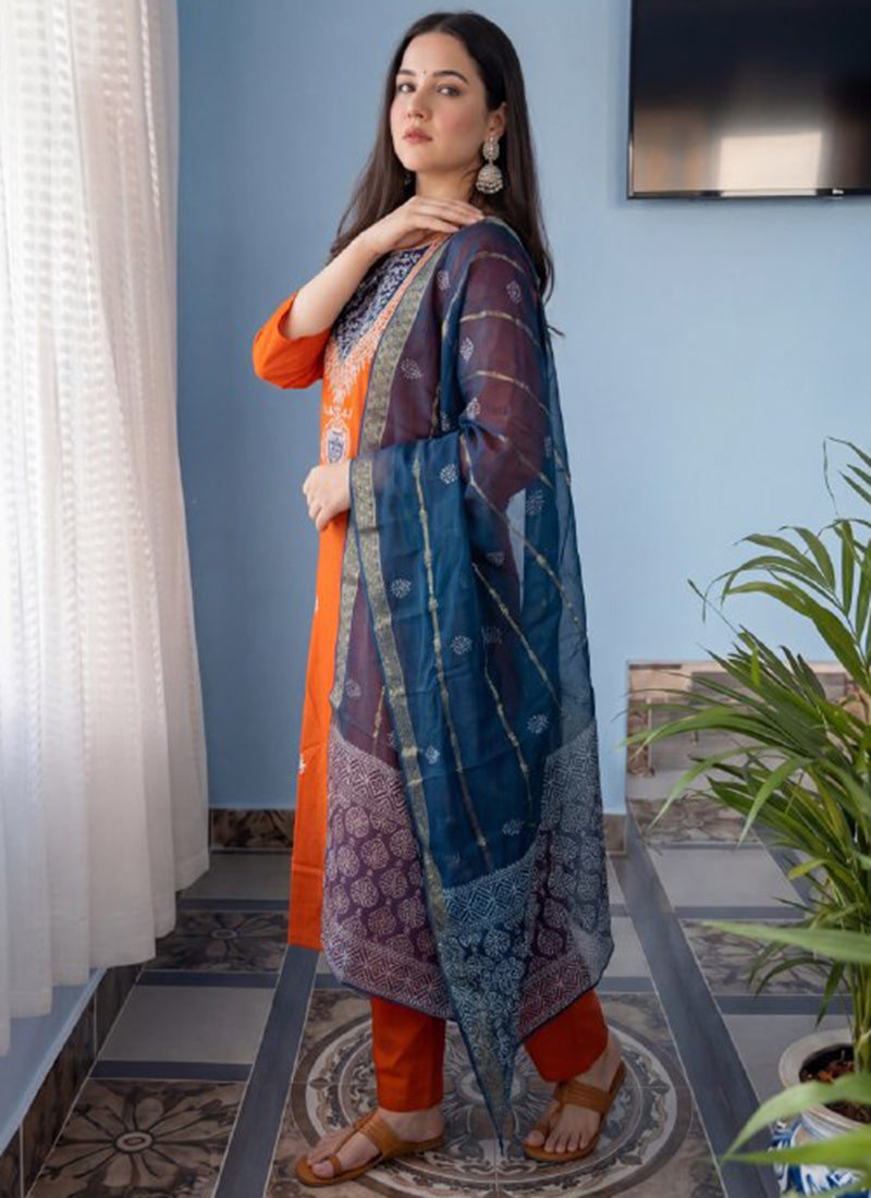 Orange Cotton Blend Embroidered Kurta Set