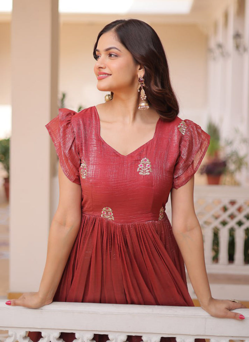 Deep Maroon Silver Crunchy Floor Length Anarkali Style Gown