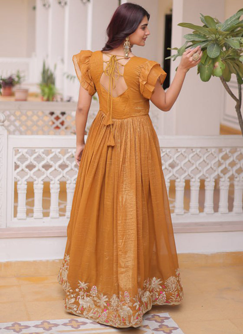 Ochre Yellow Silver Crunchy Floor Length Anarkali Style Gown
