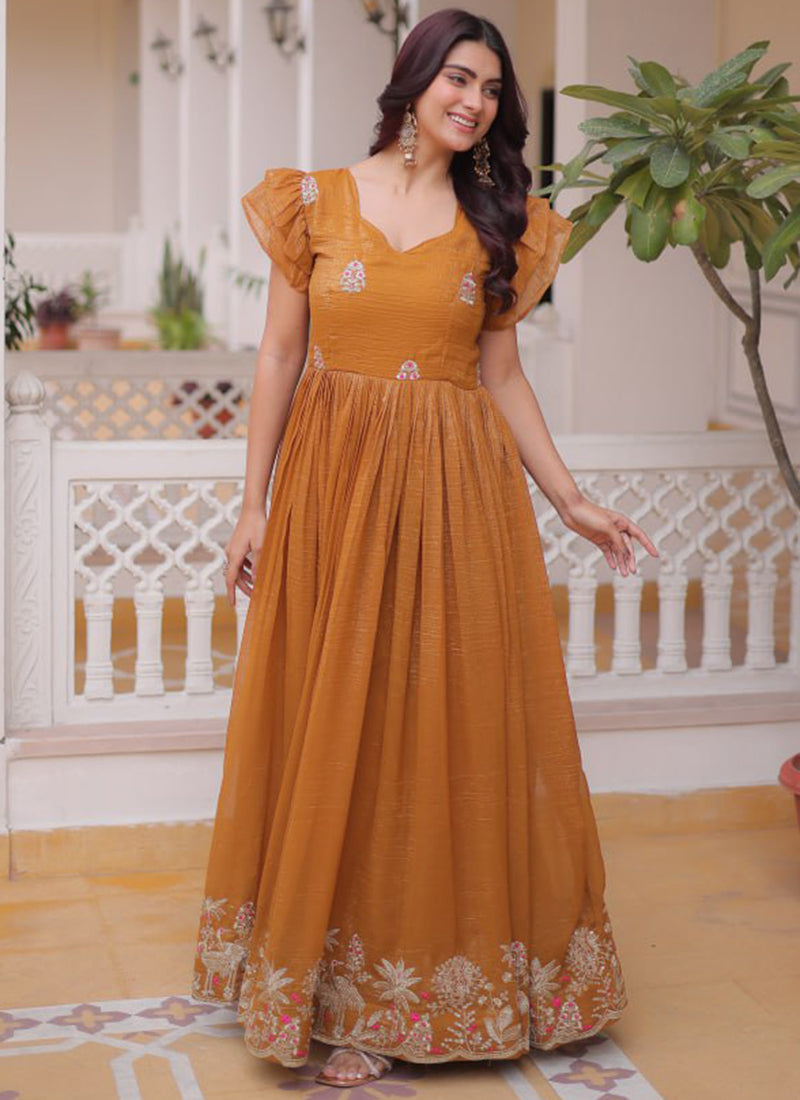 Ochre Yellow Silver Crunchy Floor Length Anarkali Style Gown