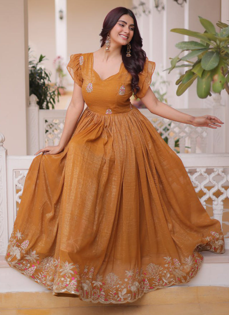 Ochre Yellow Silver Crunchy Floor Length Anarkali Style Gown