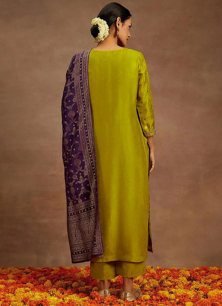 Mustard Green Art Silk Embroidered Traditional Kurta Set