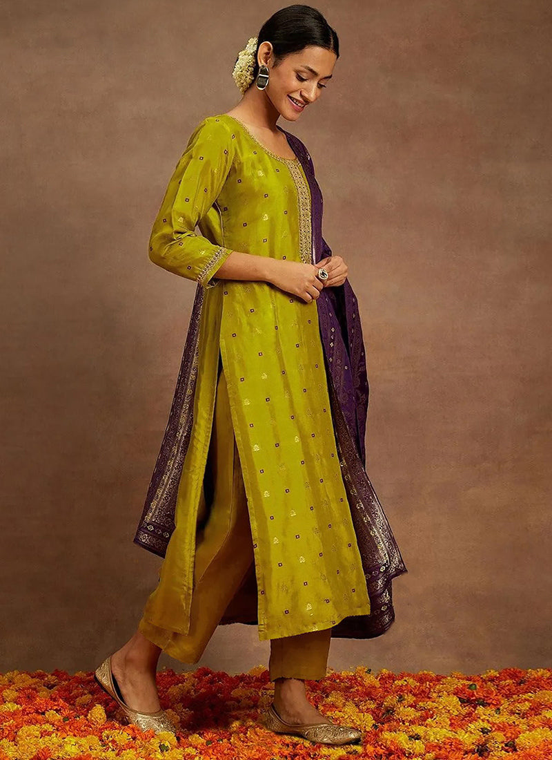 Mustard Green Art Silk Embroidered Traditional Kurta Set