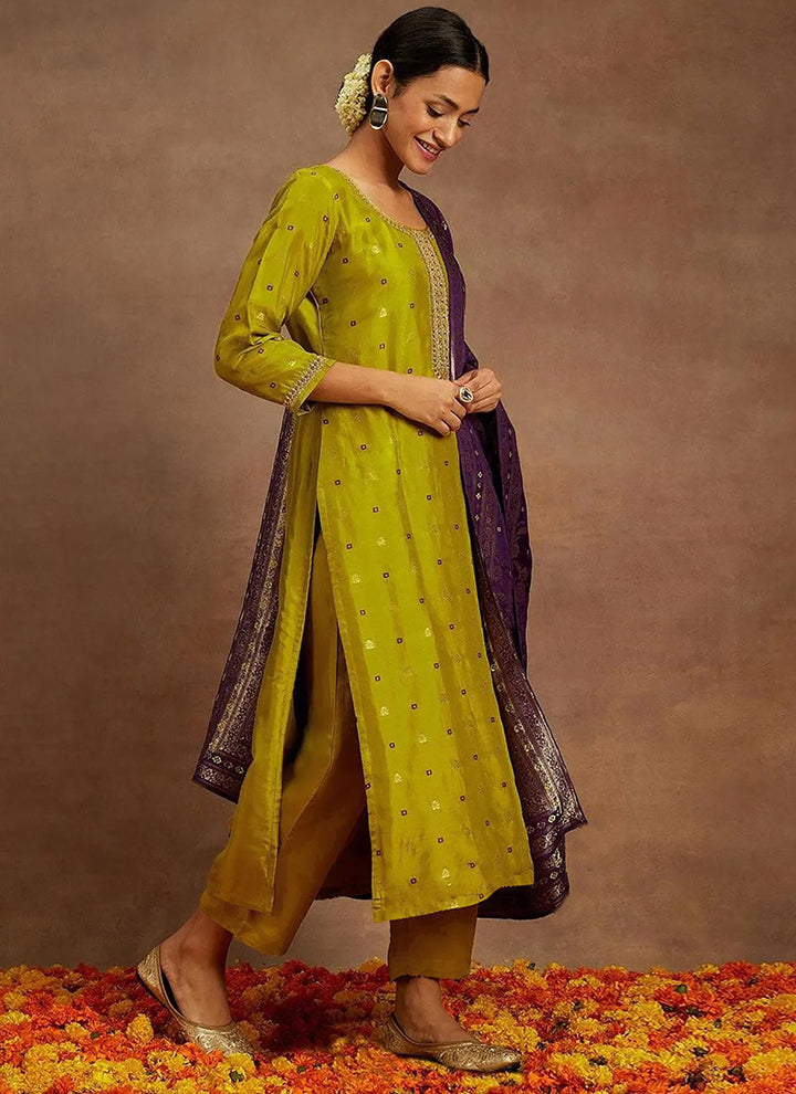 Mustard Green Art Silk Embroidered Traditional Kurta Set