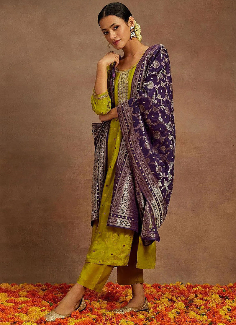 Mustard Green Art Silk Embroidered Traditional Kurta Set