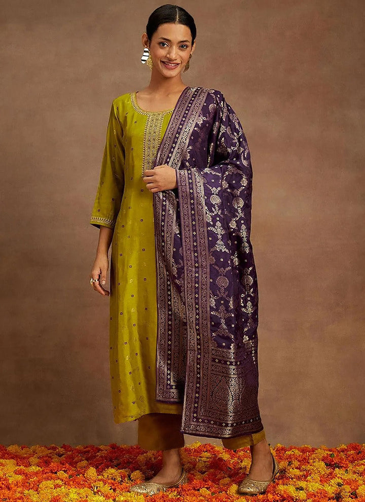 Mustard Green Art Silk Embroidered Traditional Kurta Set