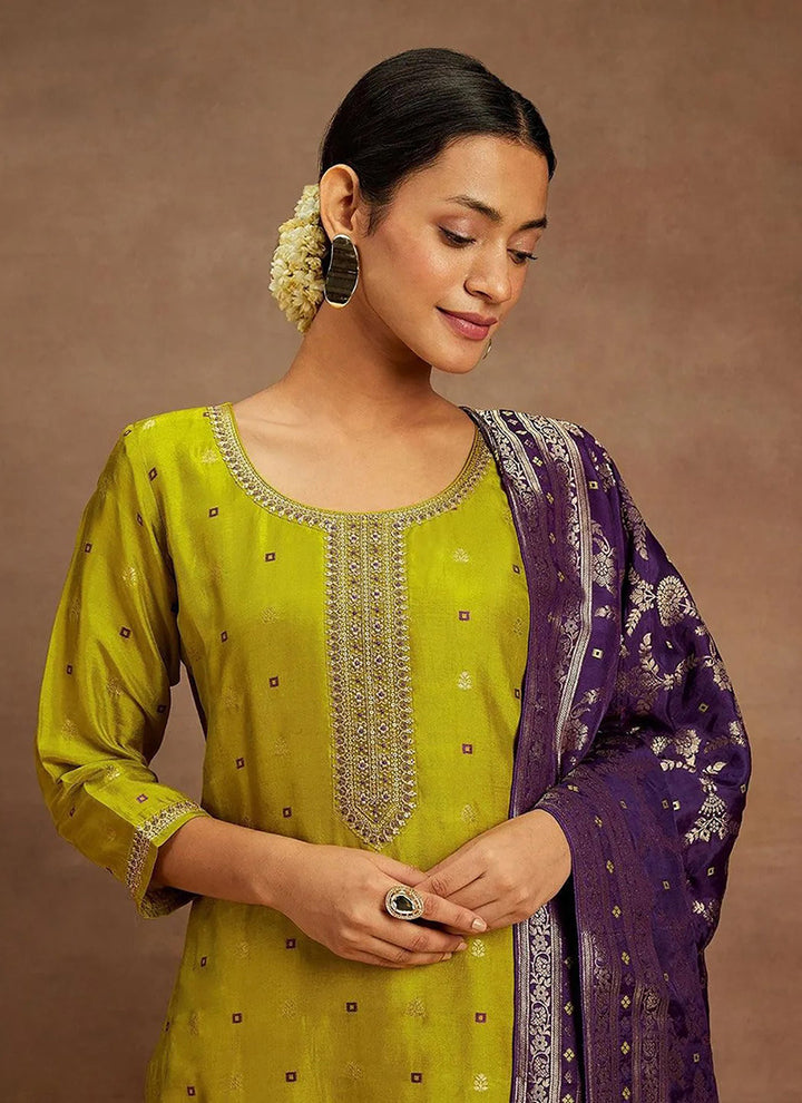 Mustard Green Art Silk Embroidered Traditional Kurta Set