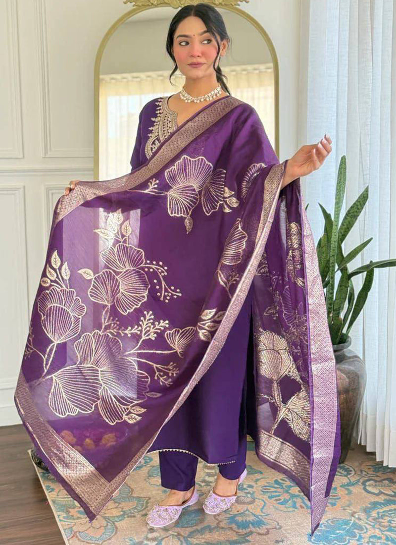 Purple Cotton Blend Embroidered Ceremonial Kurta Set