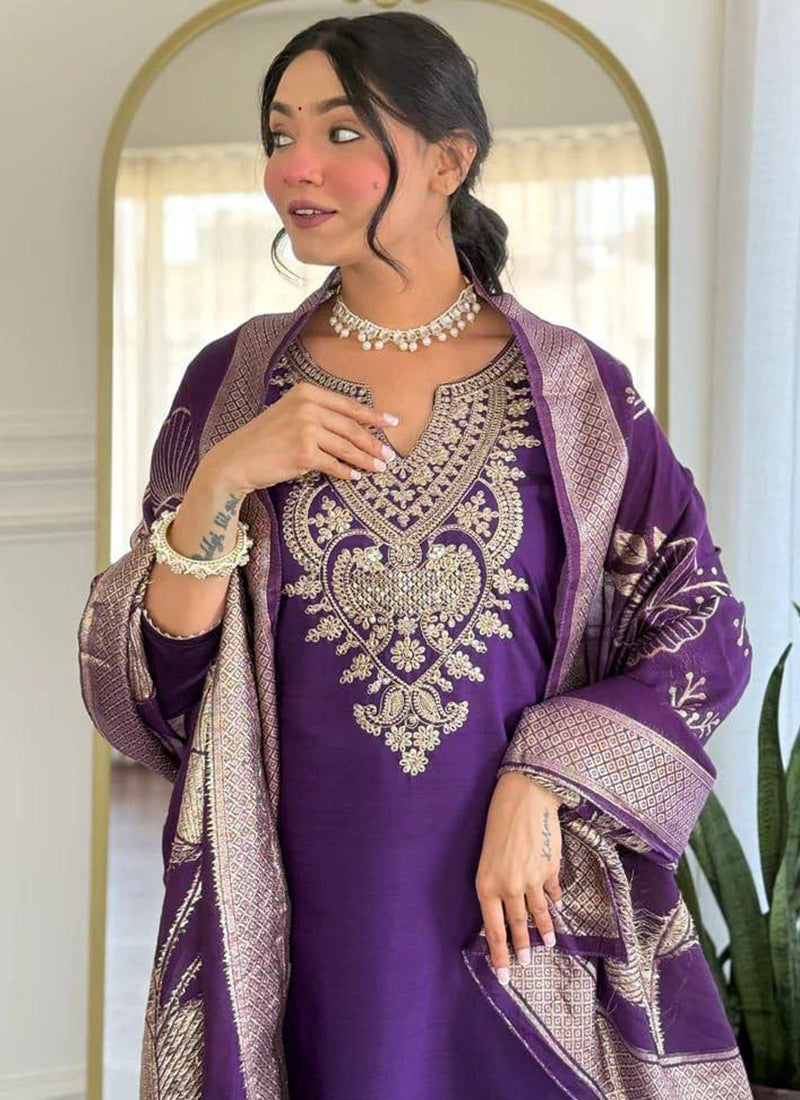 Purple Cotton Blend Embroidered Ceremonial Kurta Set