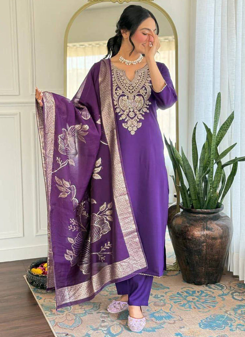 Purple Cotton Blend Embroidered Ceremonial Kurta Set